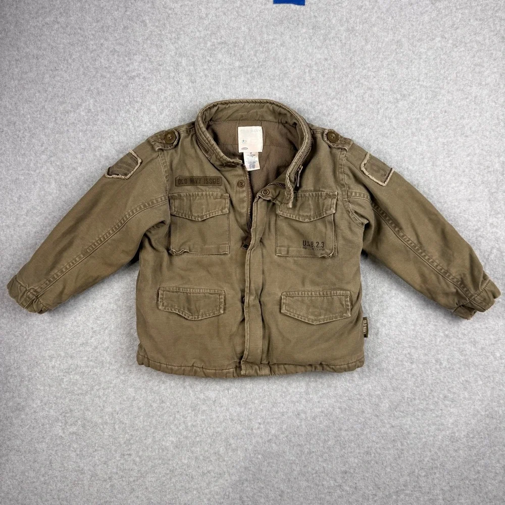 Vintage Old Navy Jacket Toddler 3T Olive Green Military Surplus Utility Coat Y2K